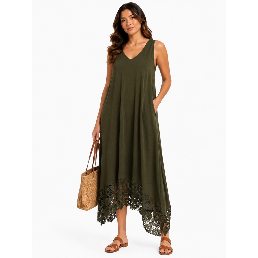 Nina Leonard Dress Womens 1X Olive Green Lace Hem V-Neck Sleeveless Midi Boho